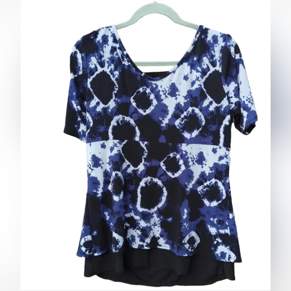New Directions Women Black/Blue/White Short Sleeve Blouse Large Poly/Spandex - Picture 2 of 9